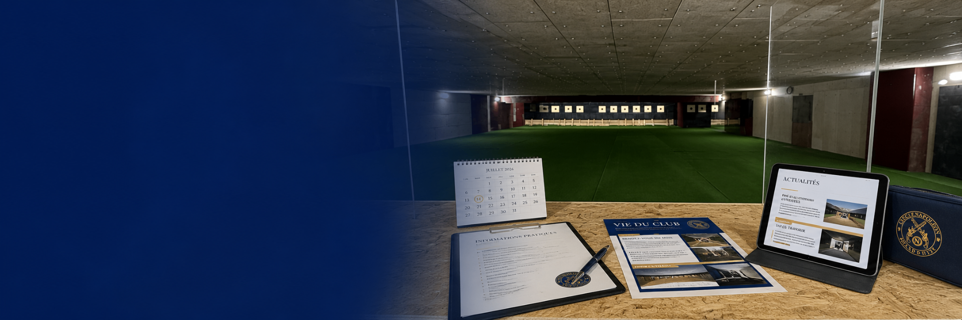 Bureau du Cercle Napoléon avec calendrier, dossier Vie du Club et tablette affichant les actualités, devant le stand de tir de Draguignan