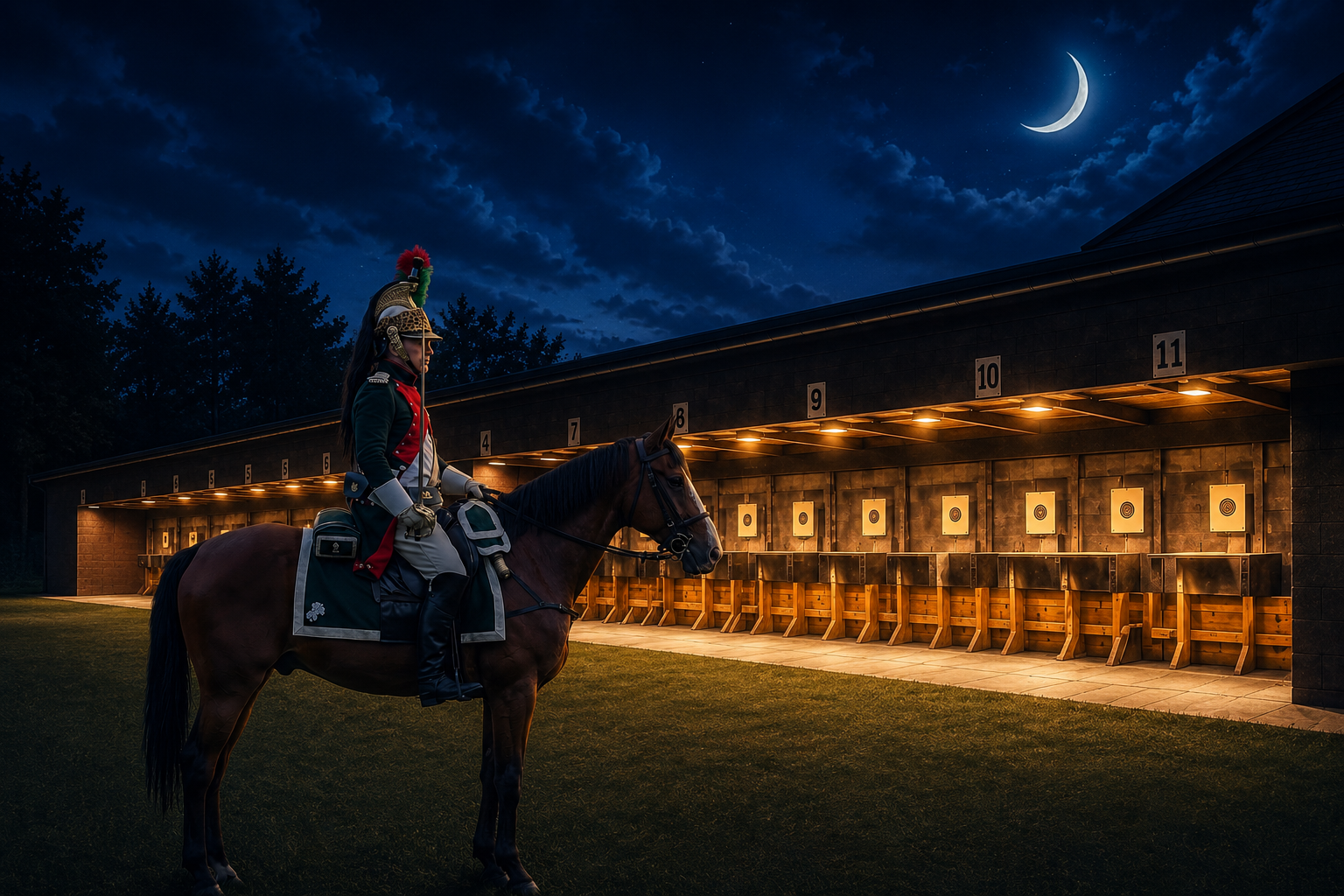 Dragon de la Garde impériale à cheval devant les postes de tir du Cercle Napoléon lors de l'entraînement nocturne